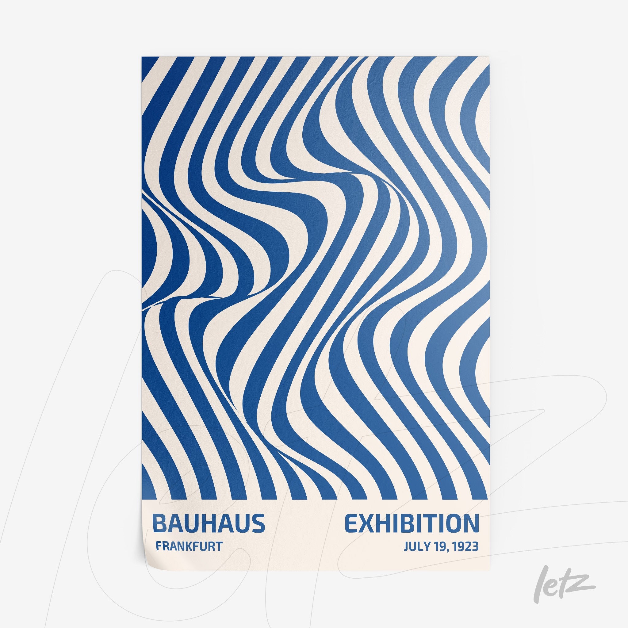 poster print with abstract blue design and text about Bauhaus exhibition in Frankfurt