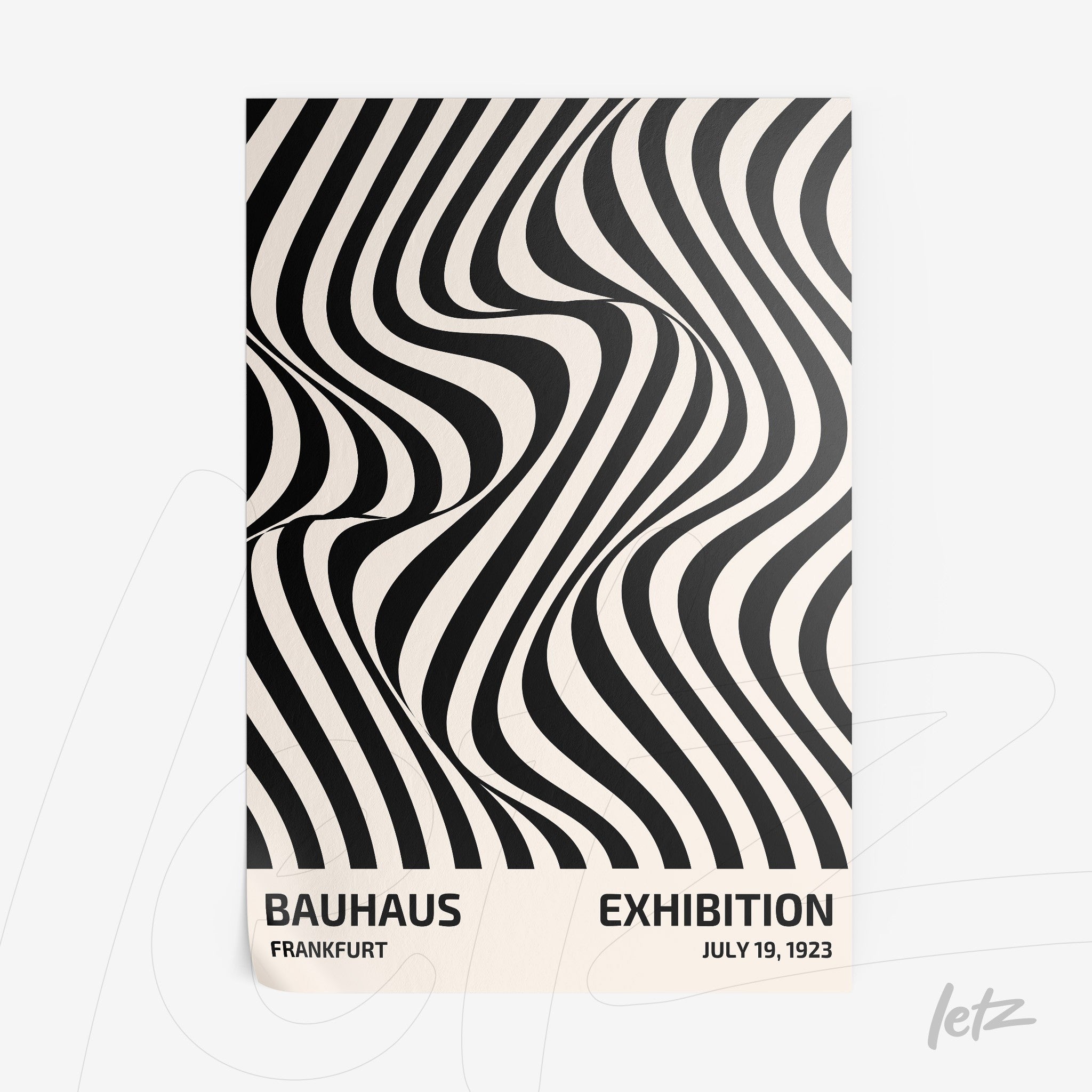 poster print featuring abstract design of black and white wavy stripes with text at the bottom noting bauhaus exhibition on white background