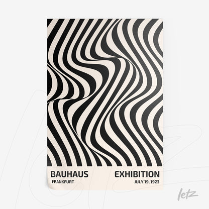 poster print featuring abstract design of black and white wavy stripes with text at the bottom noting bauhaus exhibition on white background