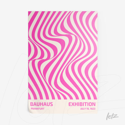 poster print with wavy geometric pattern in pink and white, text 'bauhaus exhibition frankfurt july 19, 1923'