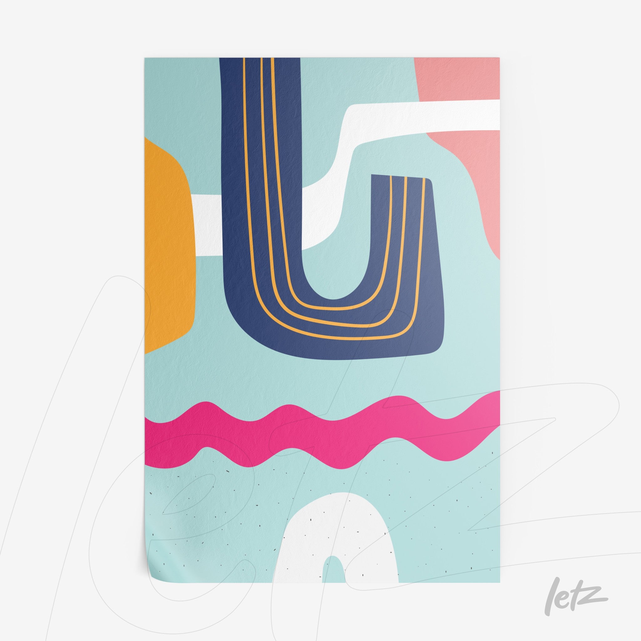 ```json
{
  "alt": "impressão em papel com arte abstrata e formas geométricas em tons pastel, com traços ondulados e cores contrastantes sobre fundo azul claro",
  "alt_en": "paper print with abstract art and geometric shapes in pastel tones, featuring wavy lines and contrasting colors on a light blue background"
}
```