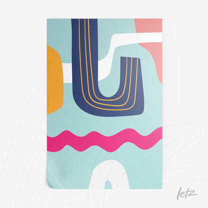 ```json
{
  "alt": "impressão em papel com arte abstrata e formas geométricas em tons pastel, com traços ondulados e cores contrastantes sobre fundo azul claro",
  "alt_en": "paper print with abstract art and geometric shapes in pastel tones, featuring wavy lines and contrasting colors on a light blue background"
}
```