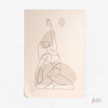 poster featuring a line art drawing of a woman in a yoga pose on a beige background
