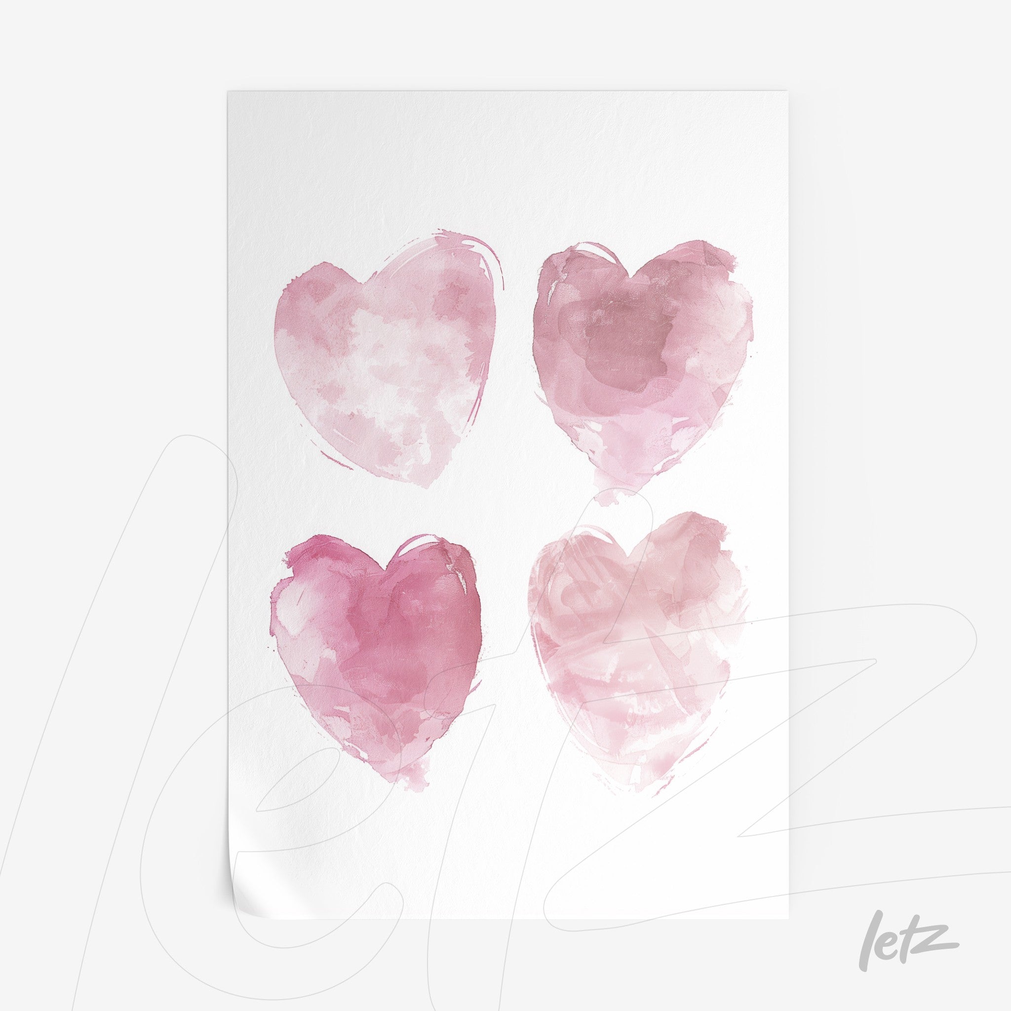 poster print featuring four watercolor hearts in shades of pink on a white background