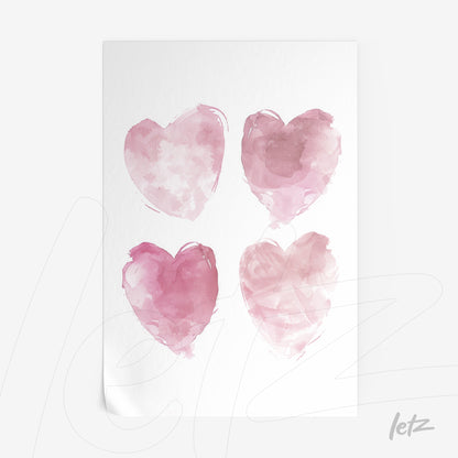 poster print featuring four watercolor hearts in shades of pink on a white background