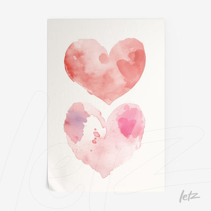 watercolor art featuring two hearts in shades of pink on a white background