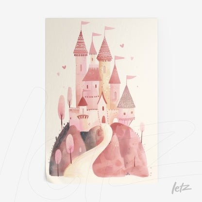 art print featuring a whimsical pink castle on a hill with trees and hearts