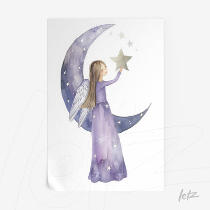 wall art featuring an illustration of a girl in a purple dress with angel wings reaching for a golden star amidst a crescent moon adorned with white stars