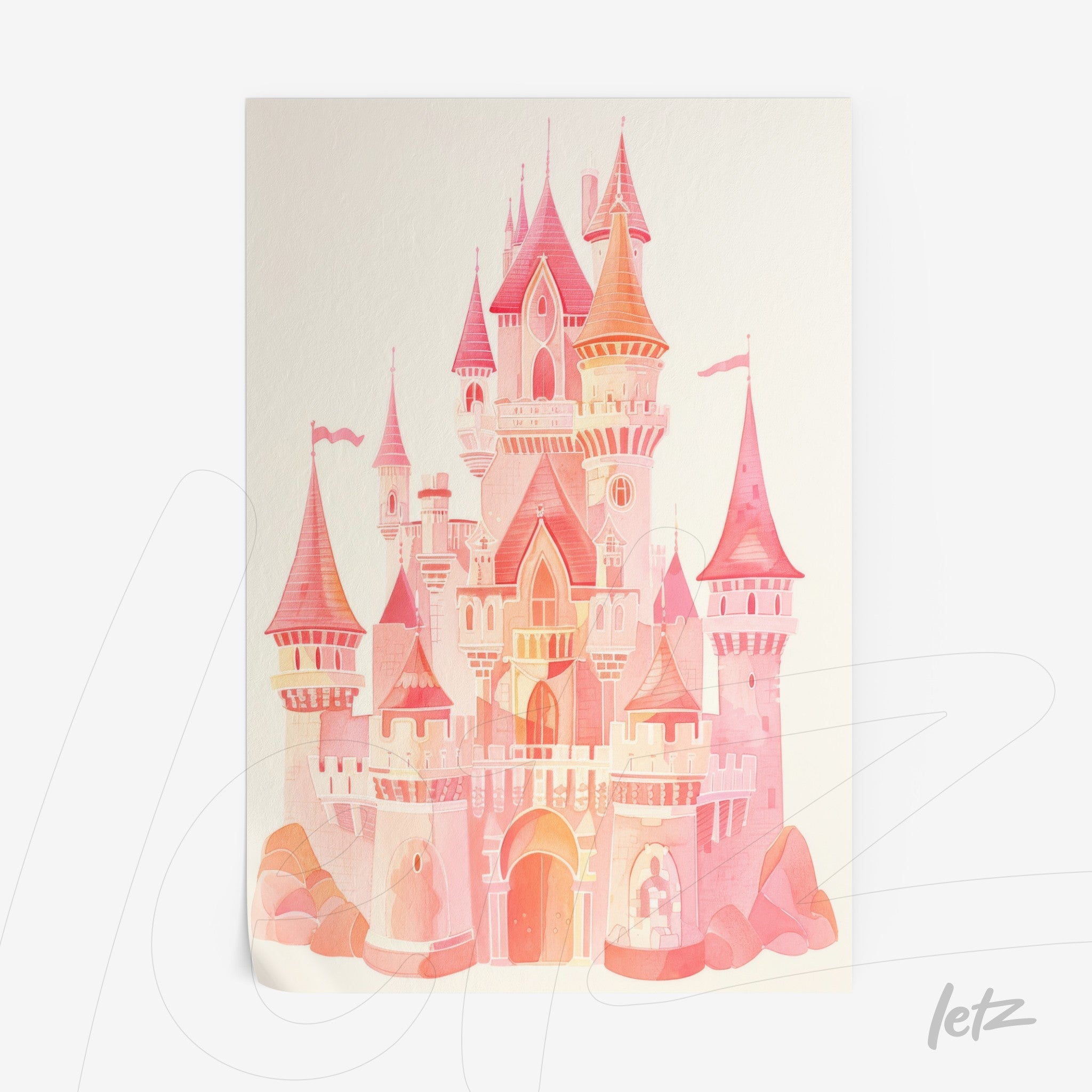 framed wall art featuring a pink watercolor illustration of a castle with tall towers and arched windows