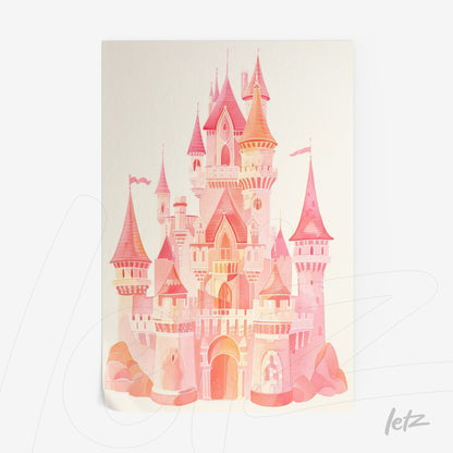 framed wall art featuring a pink watercolor illustration of a castle with tall towers and arched windows