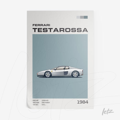 digital illustration of the Ferrari Testarossa sports car on light blue background with technical details below