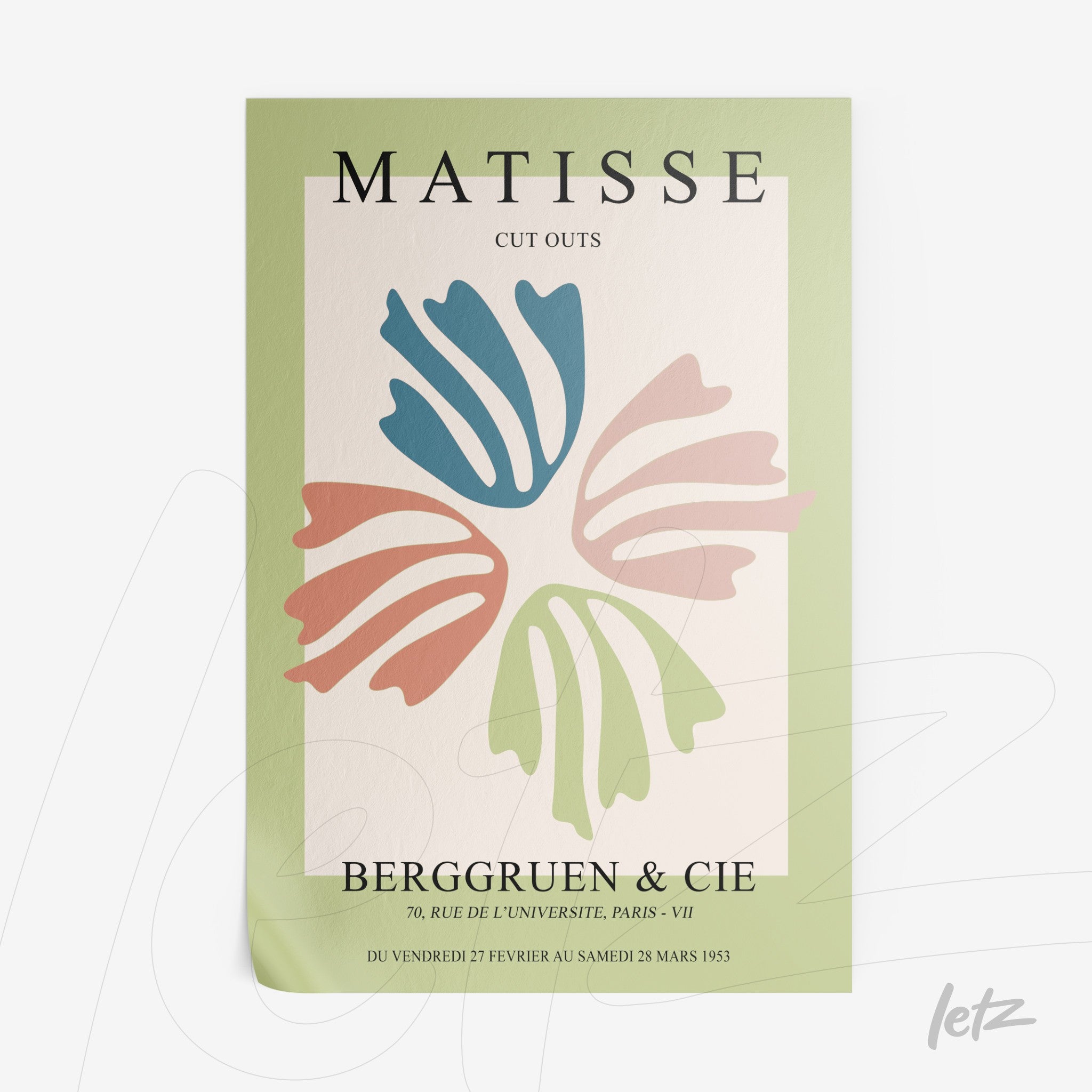 vintage style art print inspired by matisse featuring colorful organic shapes on light green background