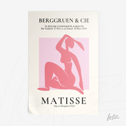 artwork featuring an abstract figure of a woman in shades of pink on a light pink background, displayed on textured paper