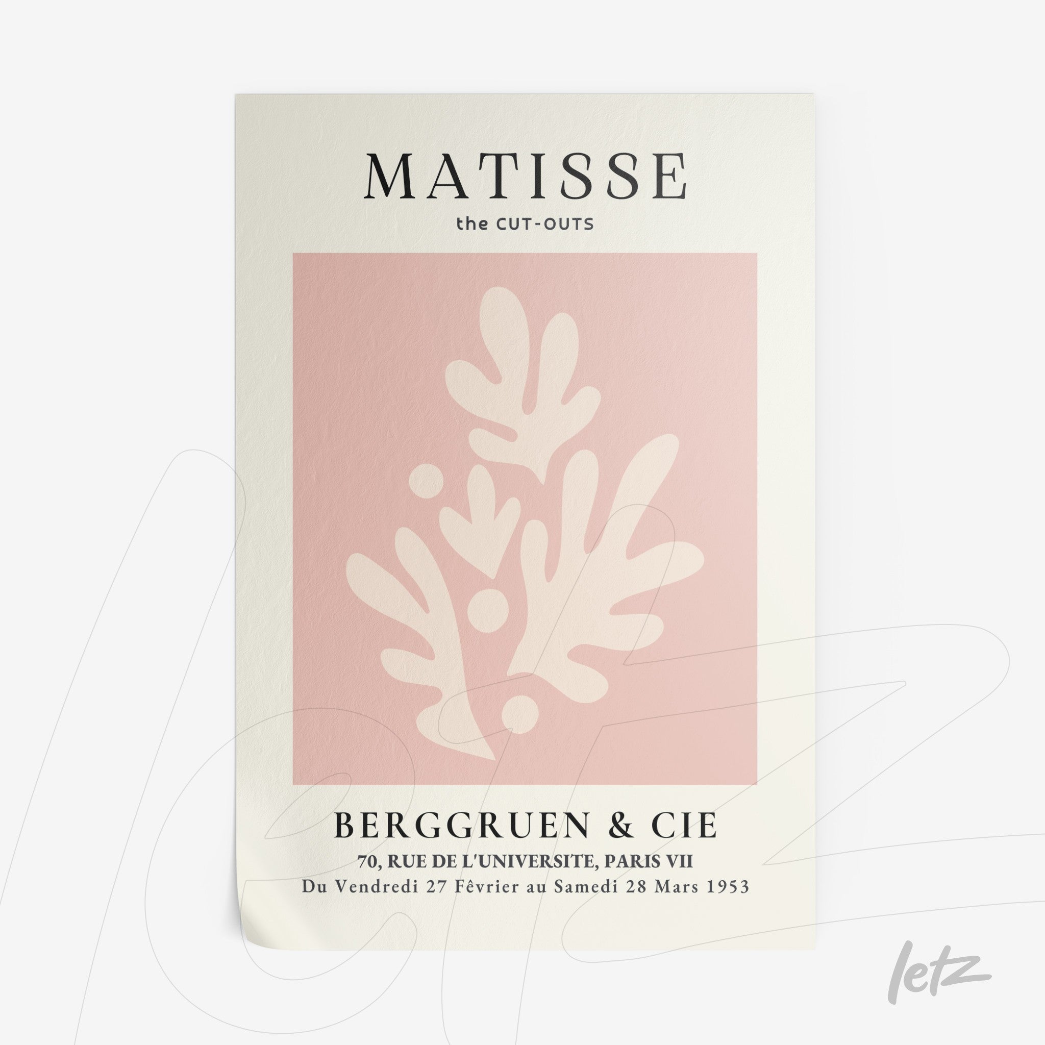 art print inspired by Matisse featuring floral elements in pink shades on a light background
