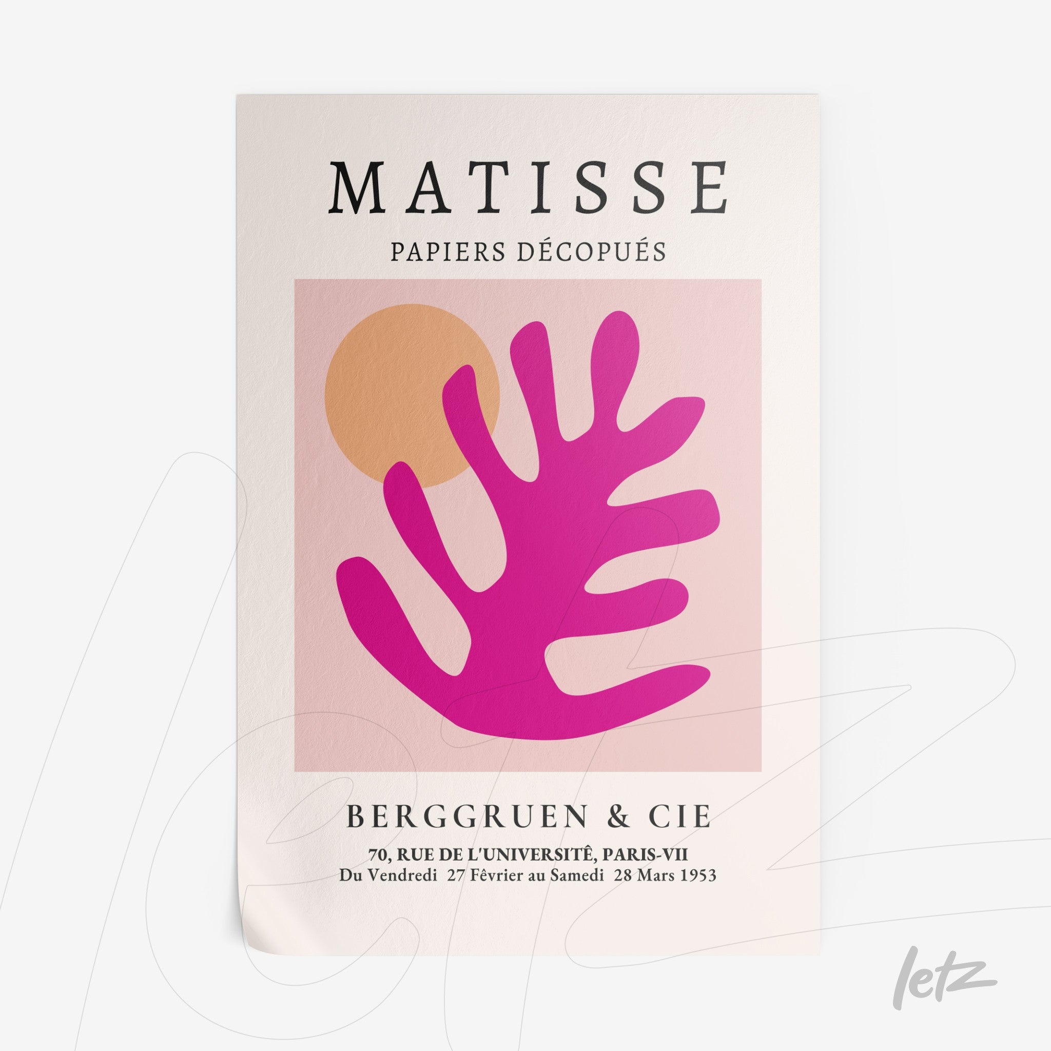 modern art print featuring cut-out leaves in shades of pink and orange on light background