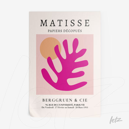 modern art print featuring cut-out leaves in shades of pink and orange on light background