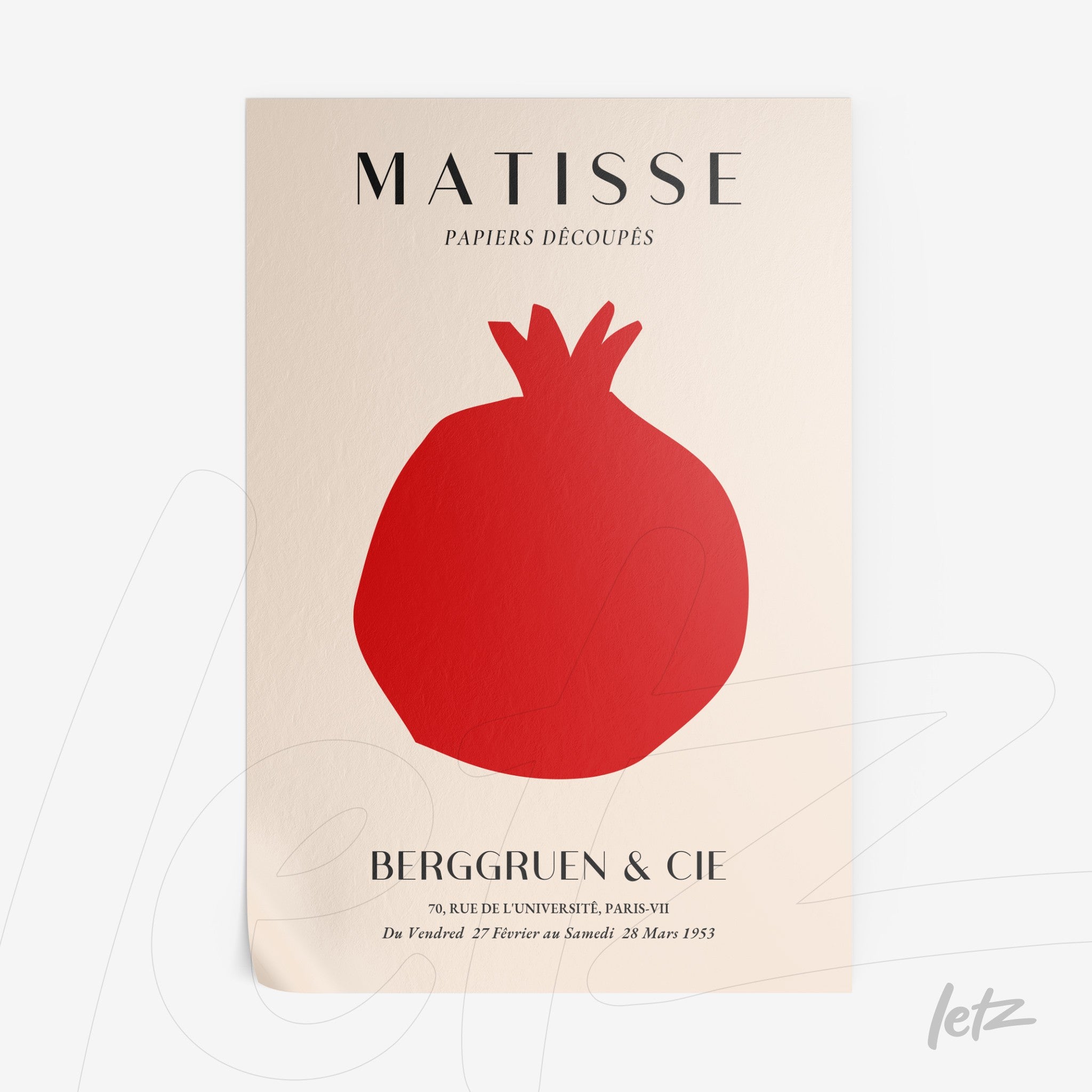 framed wall art featuring a modern illustration of a red pomegranate in minimalist style against a light background with vintage typography