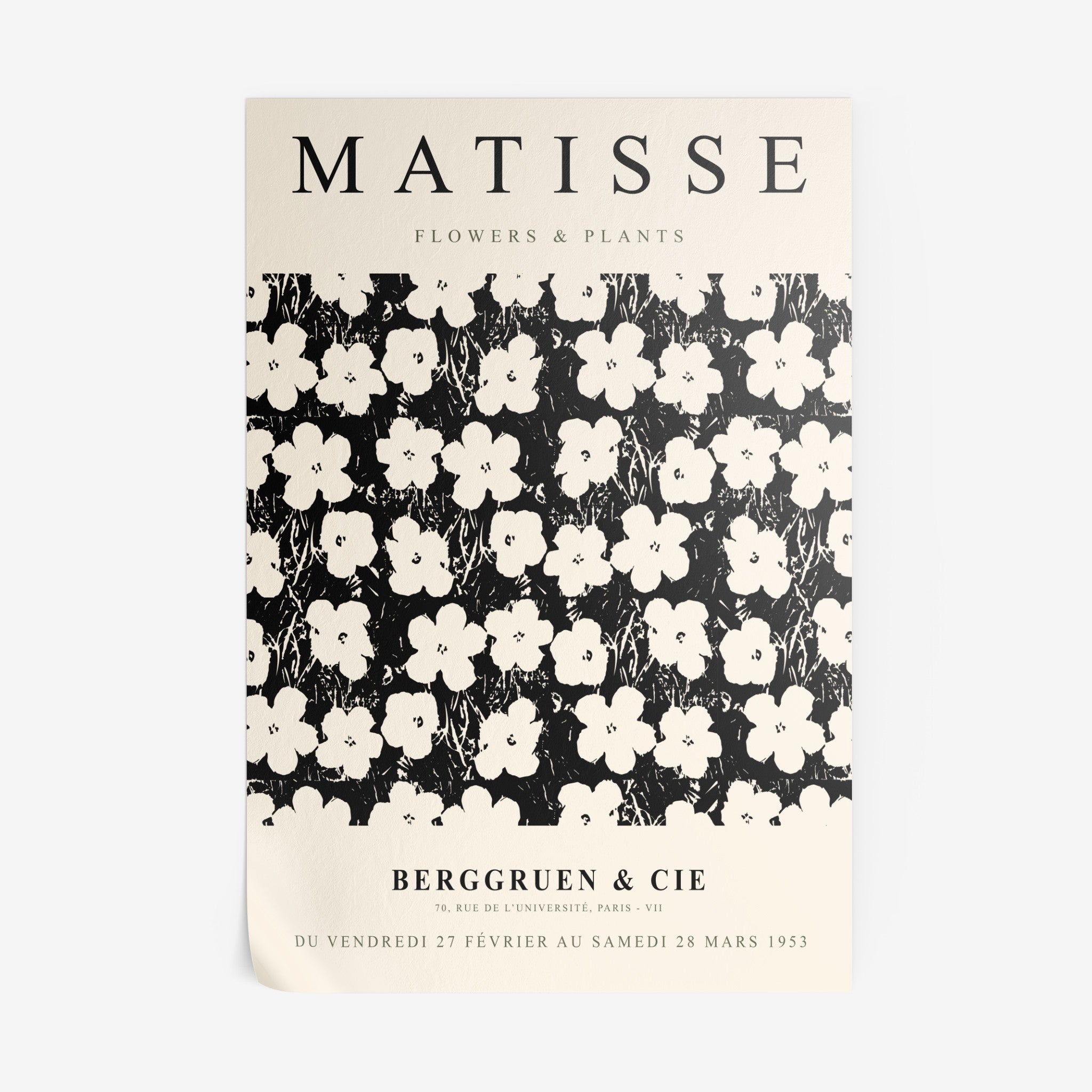 vintage style wall art featuring white flowers on a black background with uppercase text and a light frame