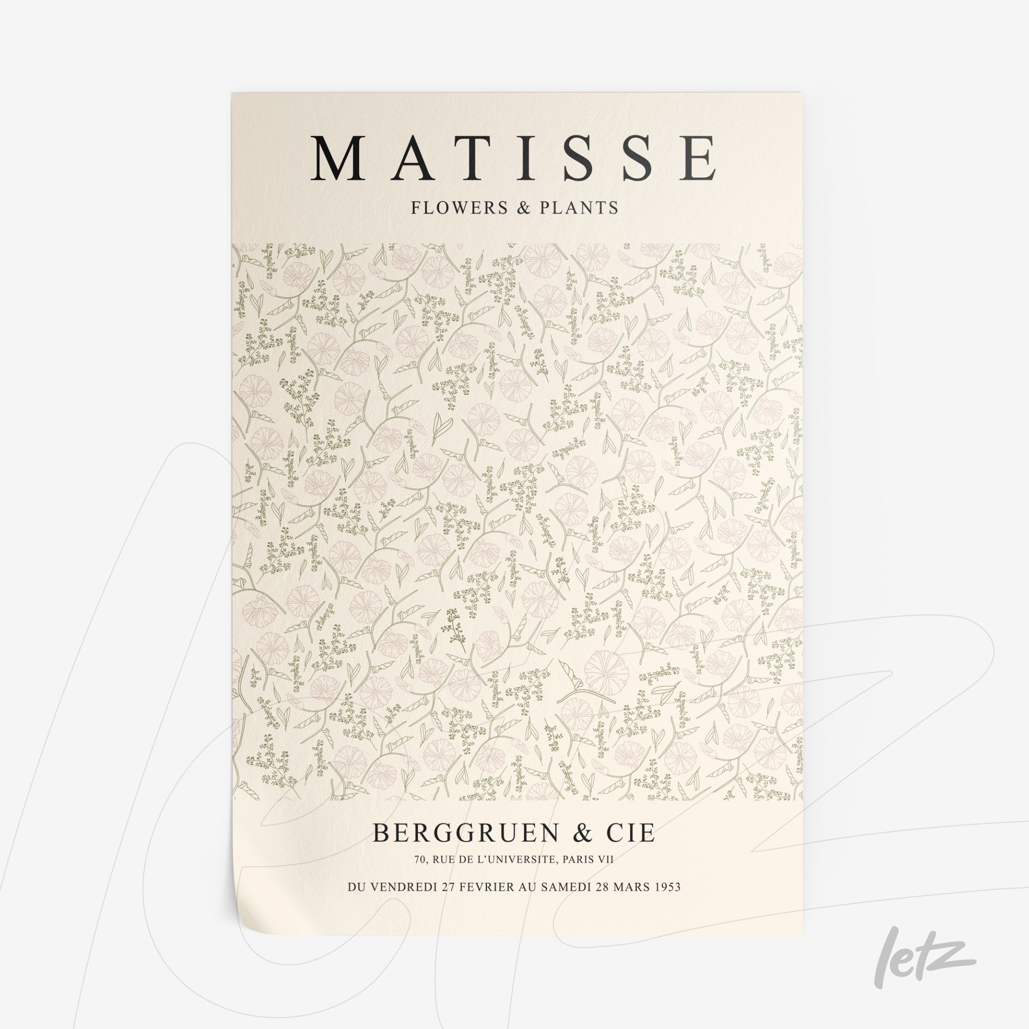 vintage style poster with floral design by Matisse featuring a light background and delicate plant branches in soft colors