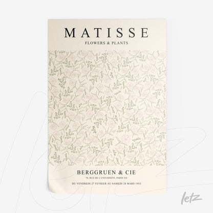 vintage style poster with floral design by Matisse featuring a light background and delicate plant branches in soft colors