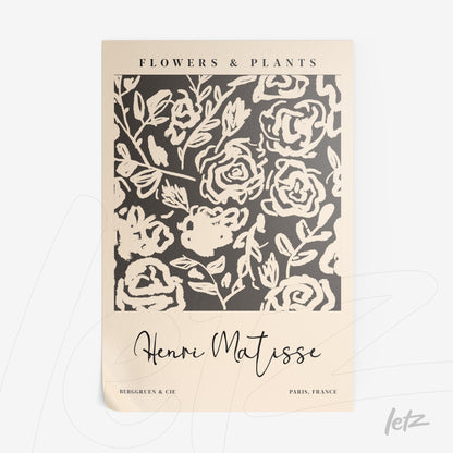 framed wall art featuring modern floral design with white roses on black background and cursive text