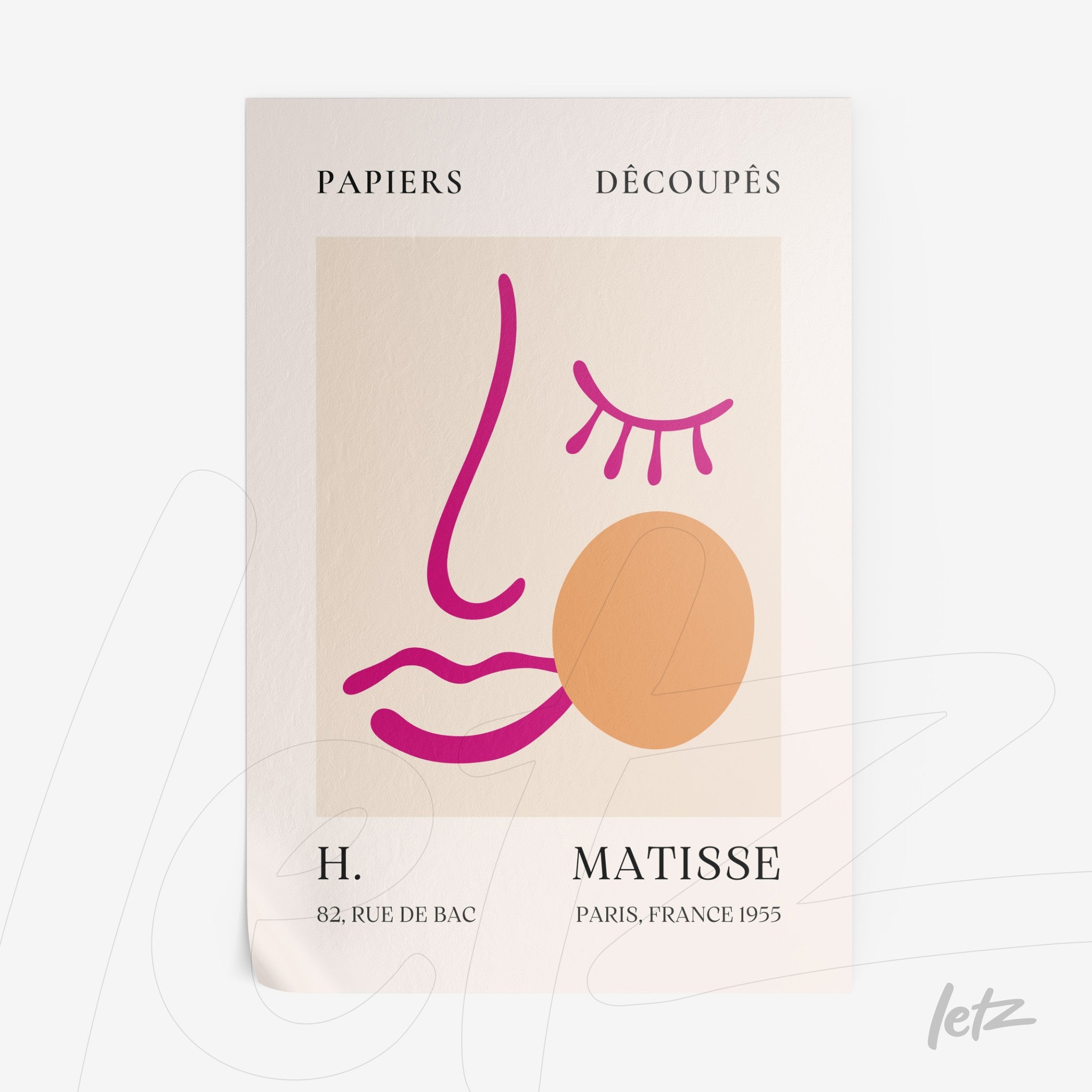 framed modern art piece featuring a stylized face in minimalist drawing with light background and geometric shapes in shades of pink and orange
