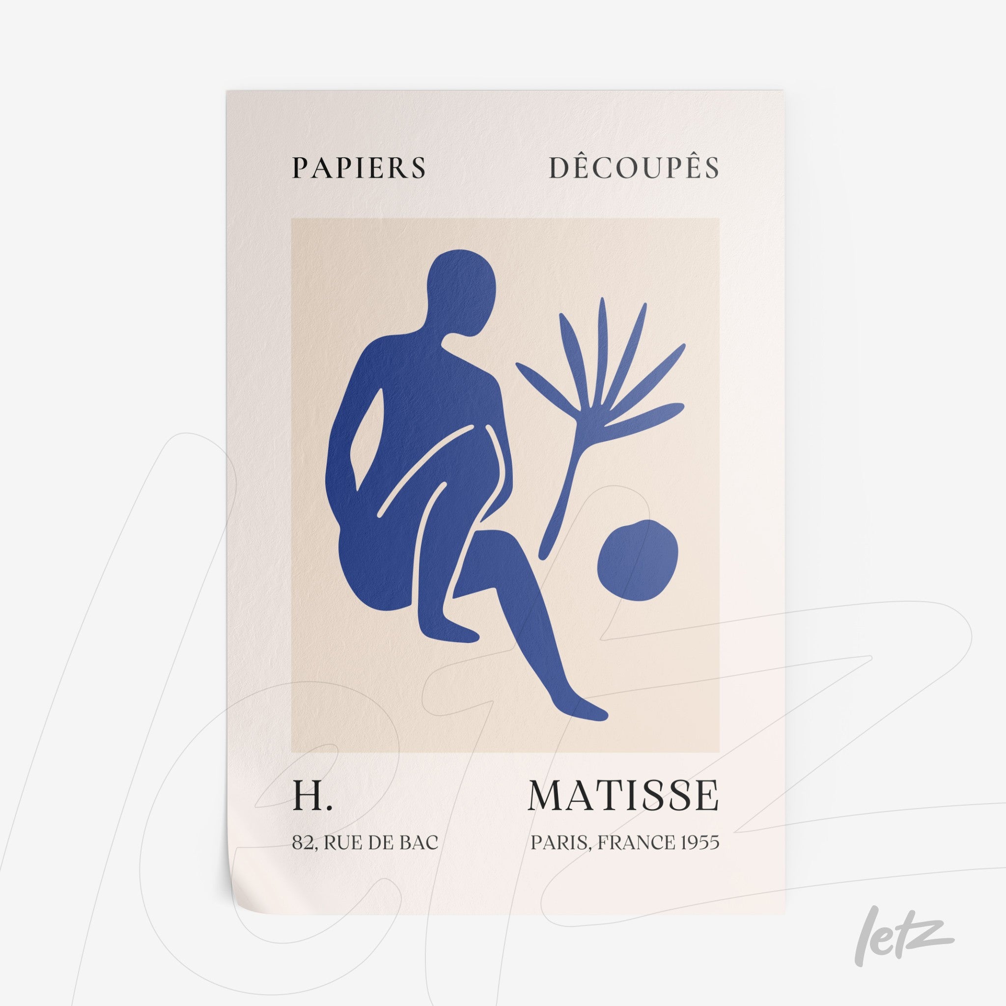 framed wall art featuring a blue and cream graphic representation of a seated human figure with a plant and a circular shape, showcased in a white frame