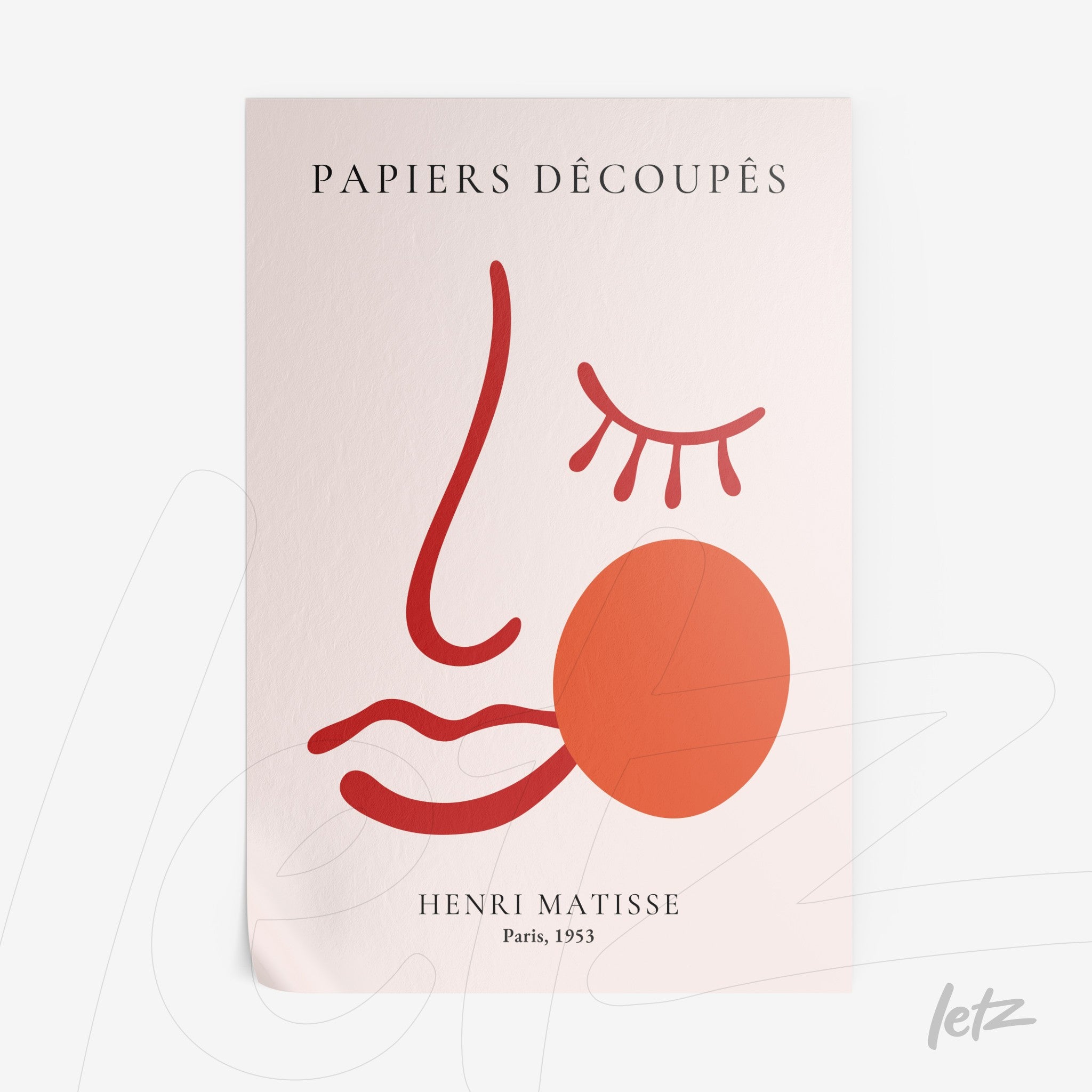 framed artwork with minimalist design inspired by Henri Matisse featuring a stylized face in red and orange tones on light background