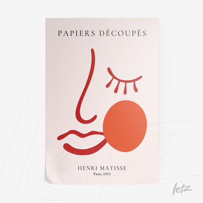 framed artwork with minimalist design inspired by Henri Matisse featuring a stylized face in red and orange tones on light background