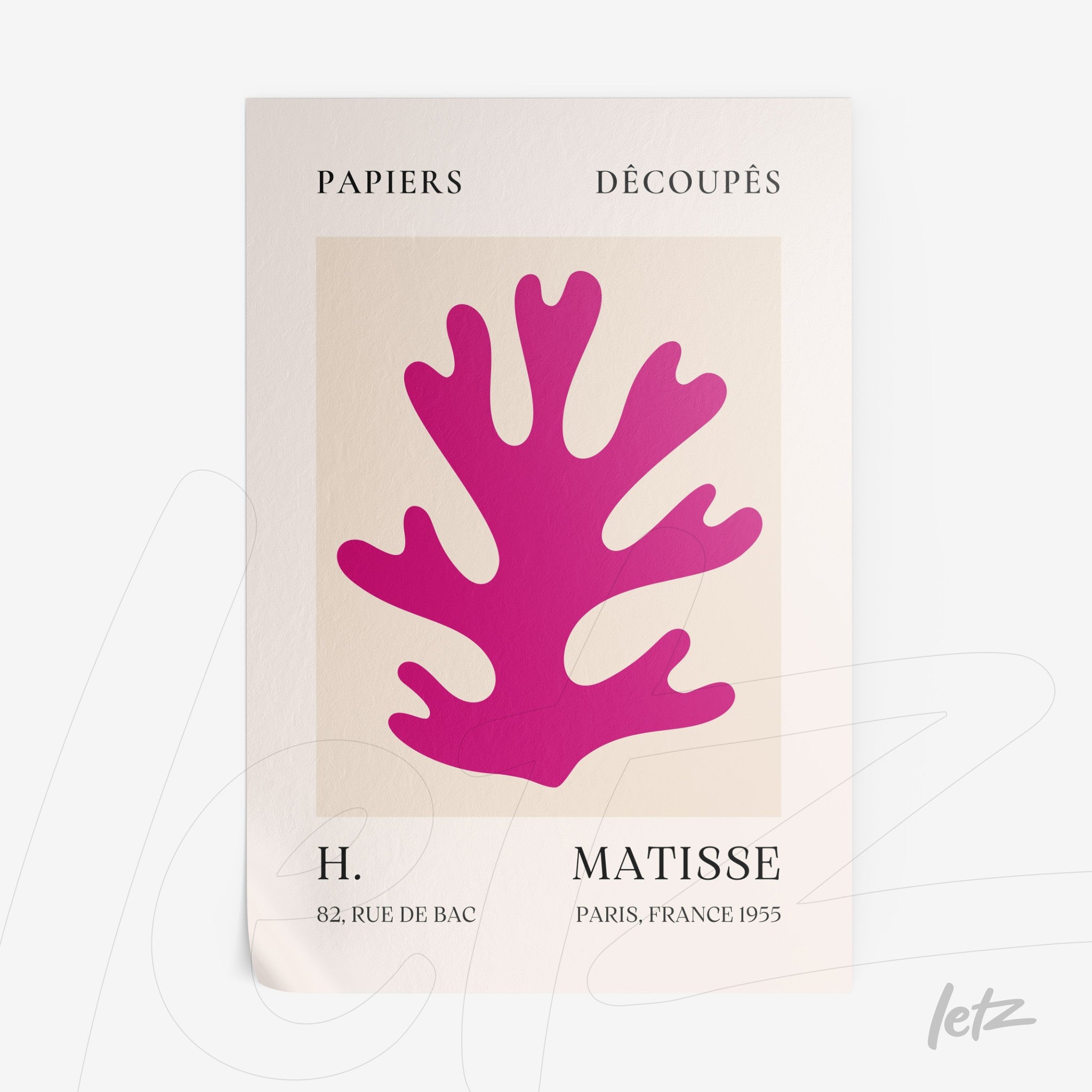 modern art print featuring a pink coral shape, with French text and light background