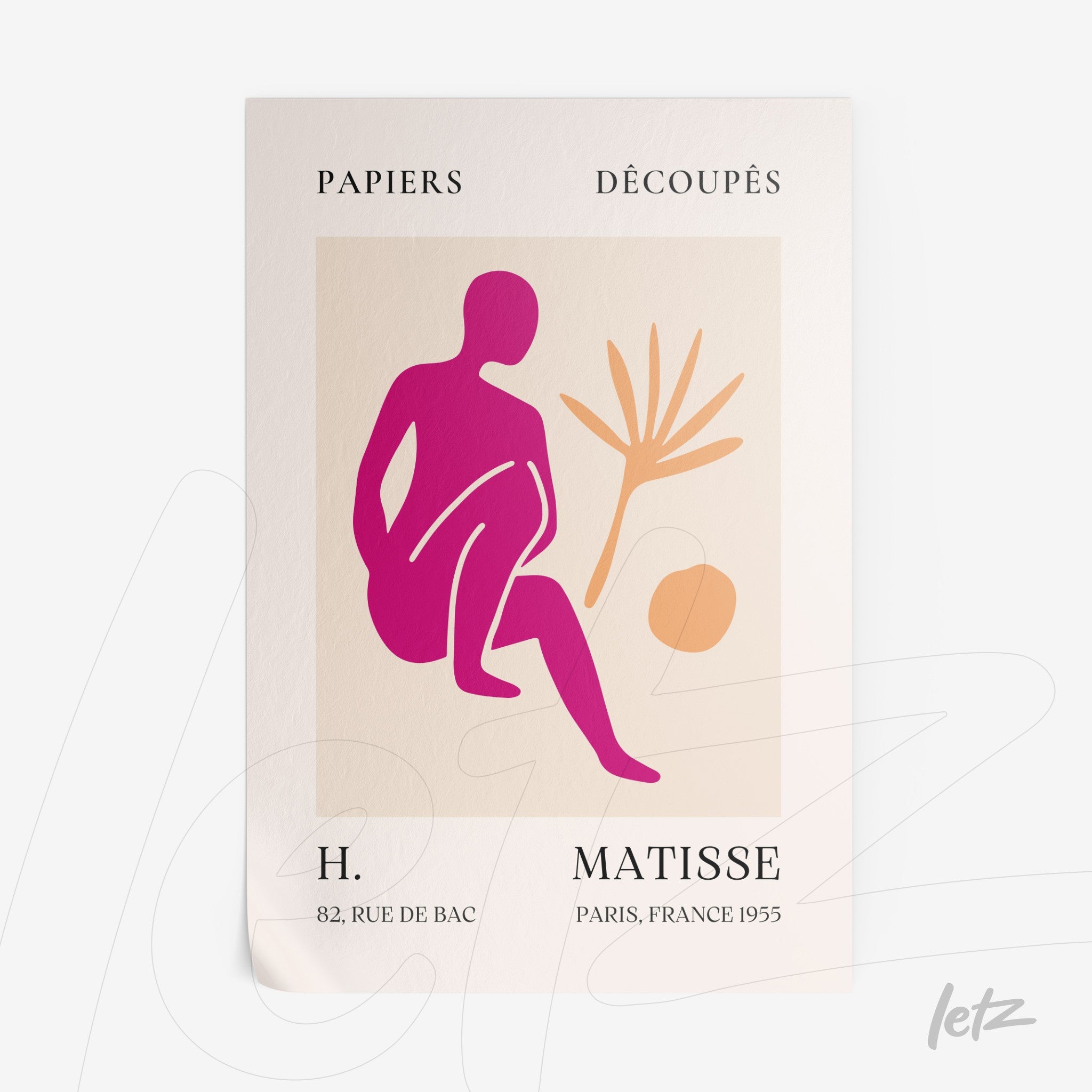 modern wall art featuring human figure in pink and orange tones with a leaf beside, cut-out style on light background