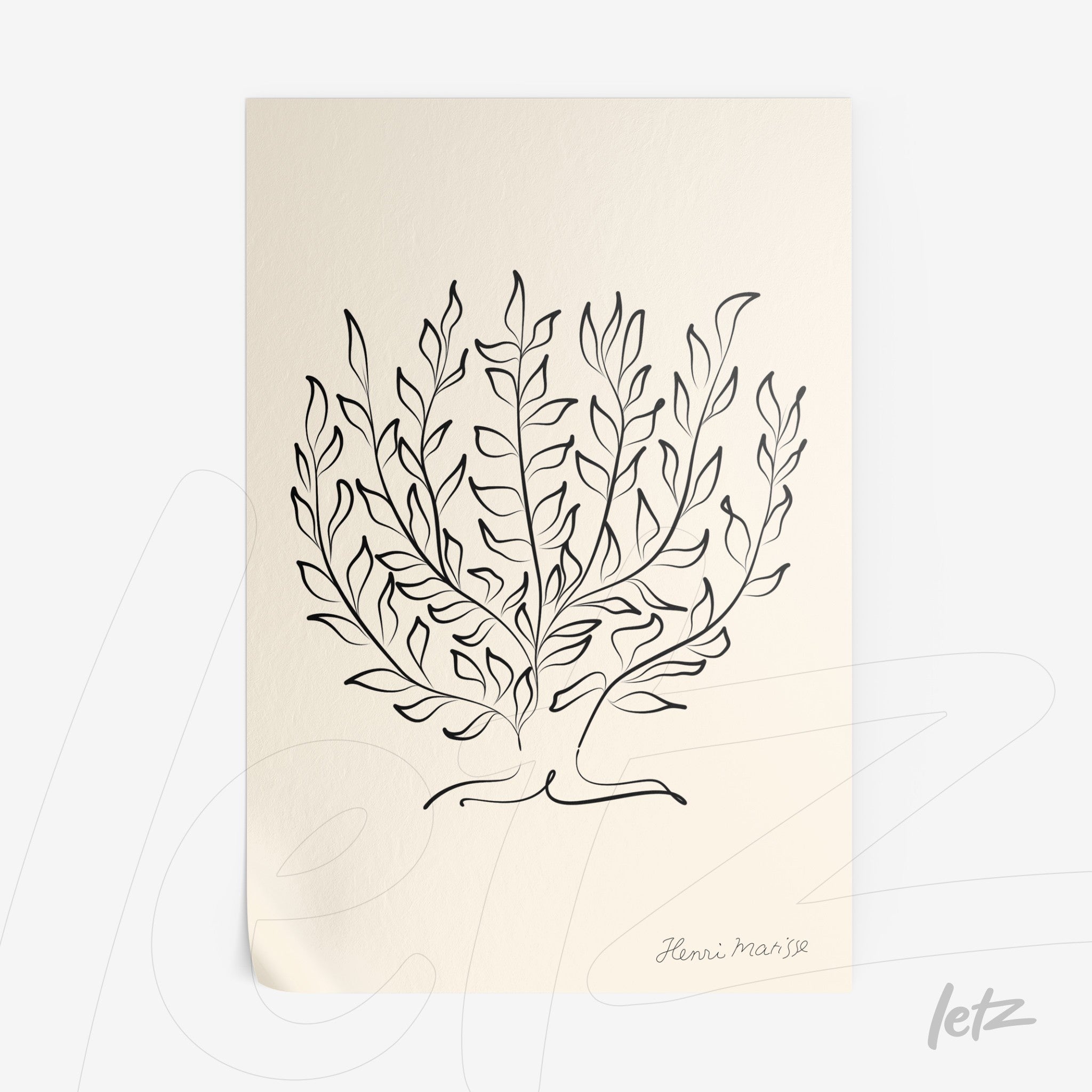 minimalist black and white illustration of stylized leaves on light background with handwritten signature