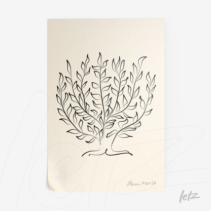 minimalist black and white illustration of stylized leaves on light background with handwritten signature