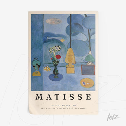 decorative wall art inspired by matisse with blue tones and still life elements such as flowers and objects in a balanced composition