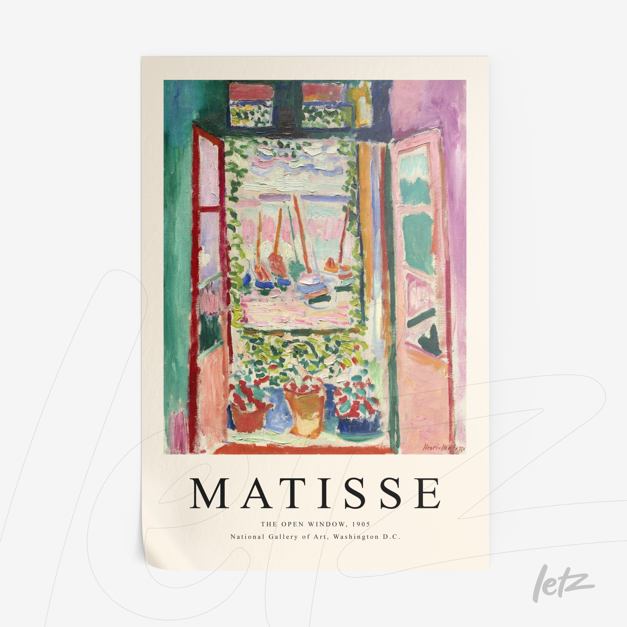 impressionist artwork of an open window overlooking boats with a colorful background, titled 'Matisse'