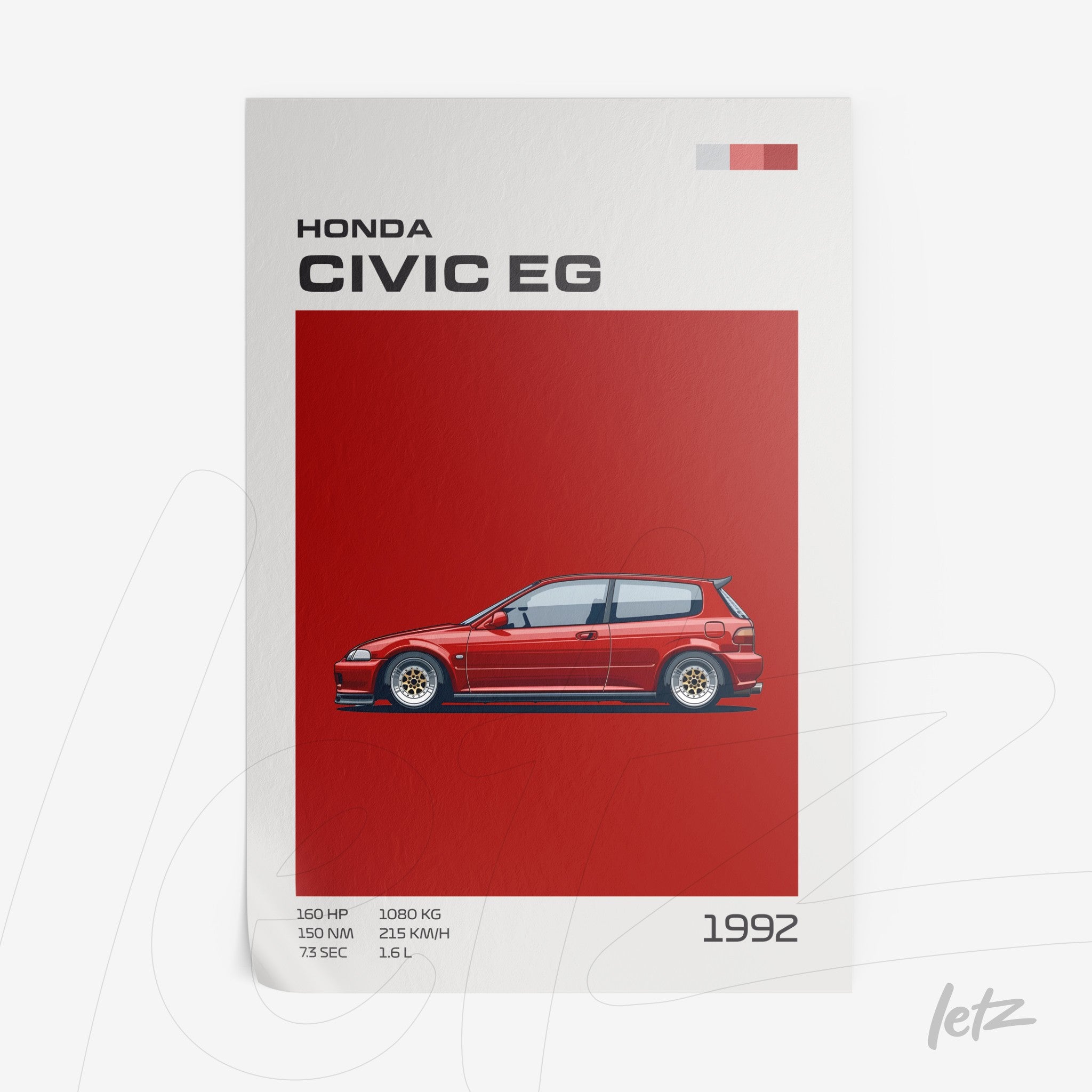 framed wall art featuring the 1992 Honda Civic EG in red background