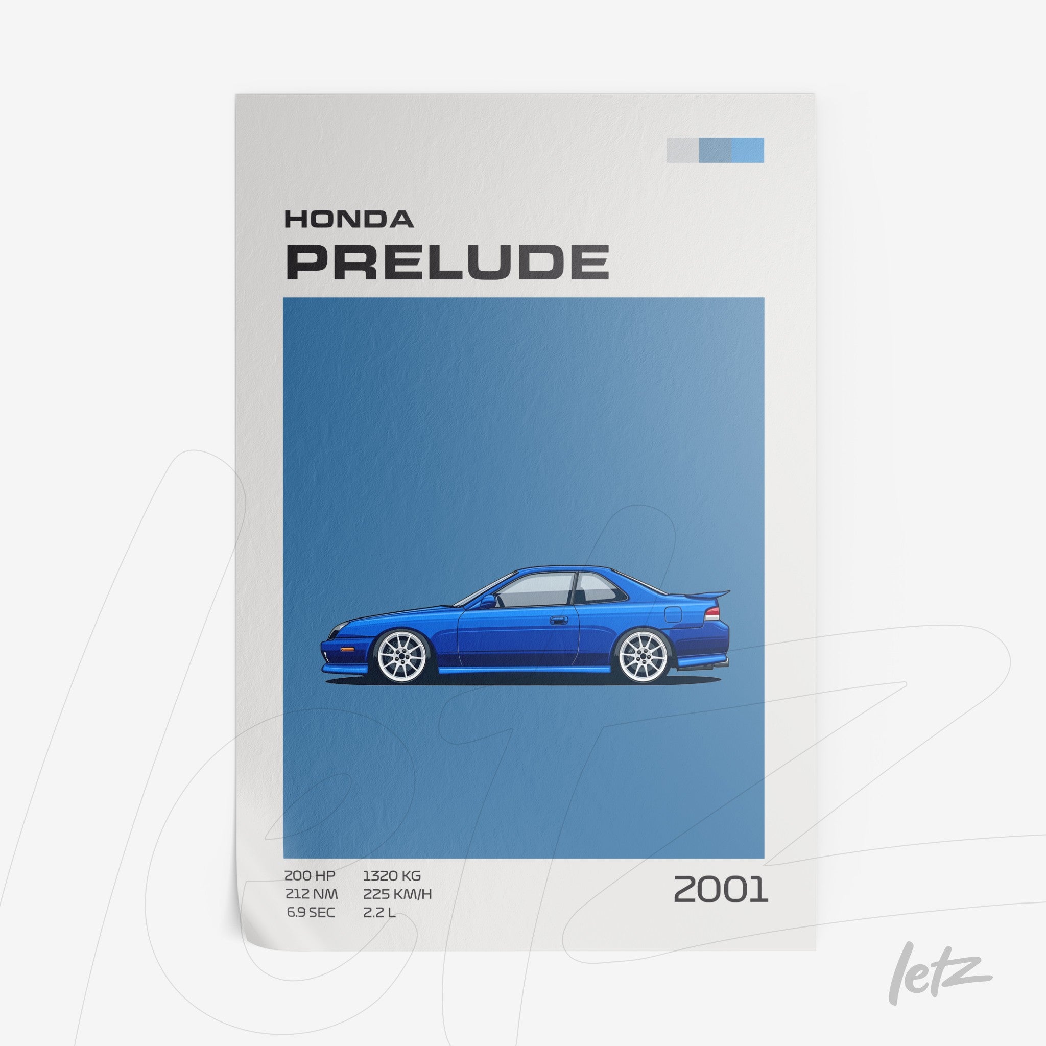 framed wall art featuring a blue Honda Prelude in modern graphic style