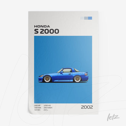 framed wall art featuring a blue Honda S2000 car illustration on a light blue background, with technical specifications displayed at the top and bottom