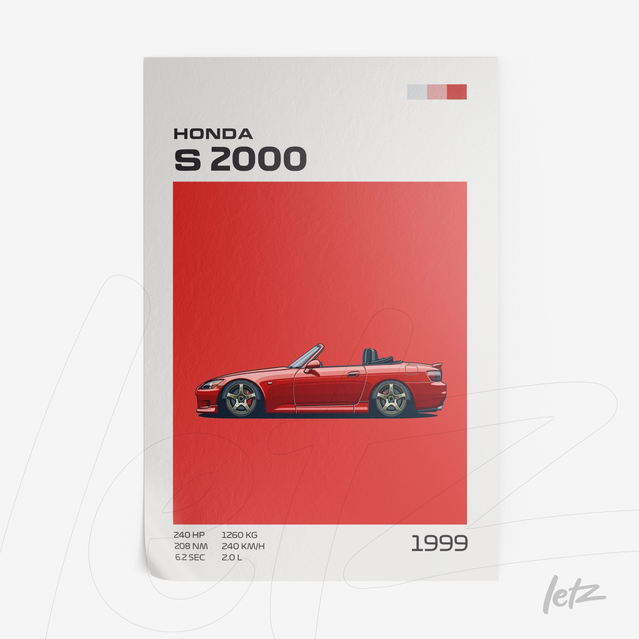 framed art print featuring a digital illustration of the honda s2000 sports car on a red background