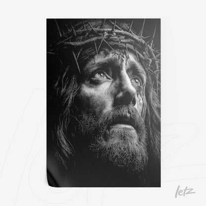 black and white artwork depicting an emotional profile of Jesus with a crown of thorns and a pained expression