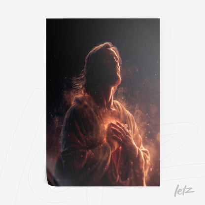 canvas print of a spiritual figure illuminated in soft light, wearing a light robe and surrounded by a radiant aura with shimmering particles