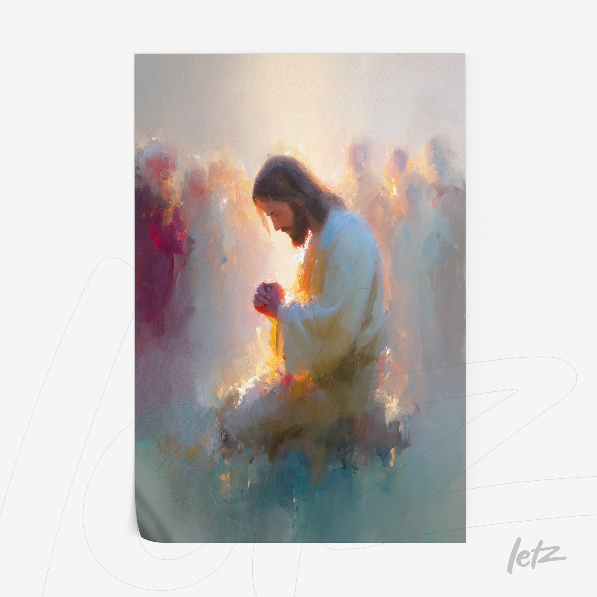 religious framed art of Jesus in prayer, illuminated by an ethereal background with ghostly figures around