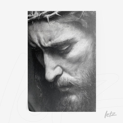 realistic portrait of a man with a somber expression and a crown of thorns against a light background