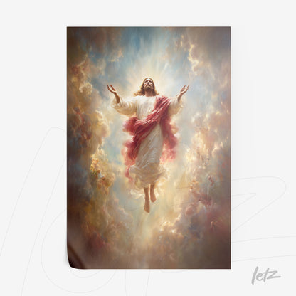 framed artwork of ascendant Jesus against a colorful cloud backdrop