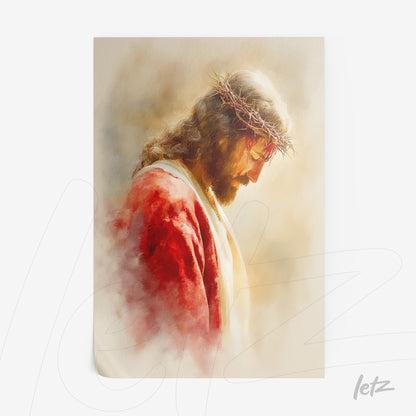 religious art featuring jesus christ wearing a crown of thorns and red robes against a soft background