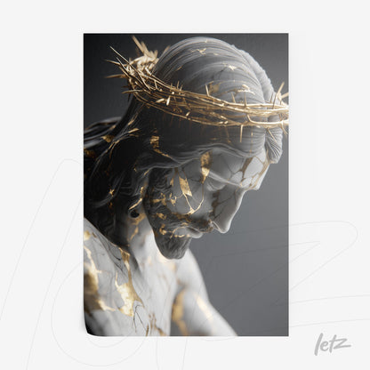 art piece depicting a sculpted figure of Christ with golden details and gray background