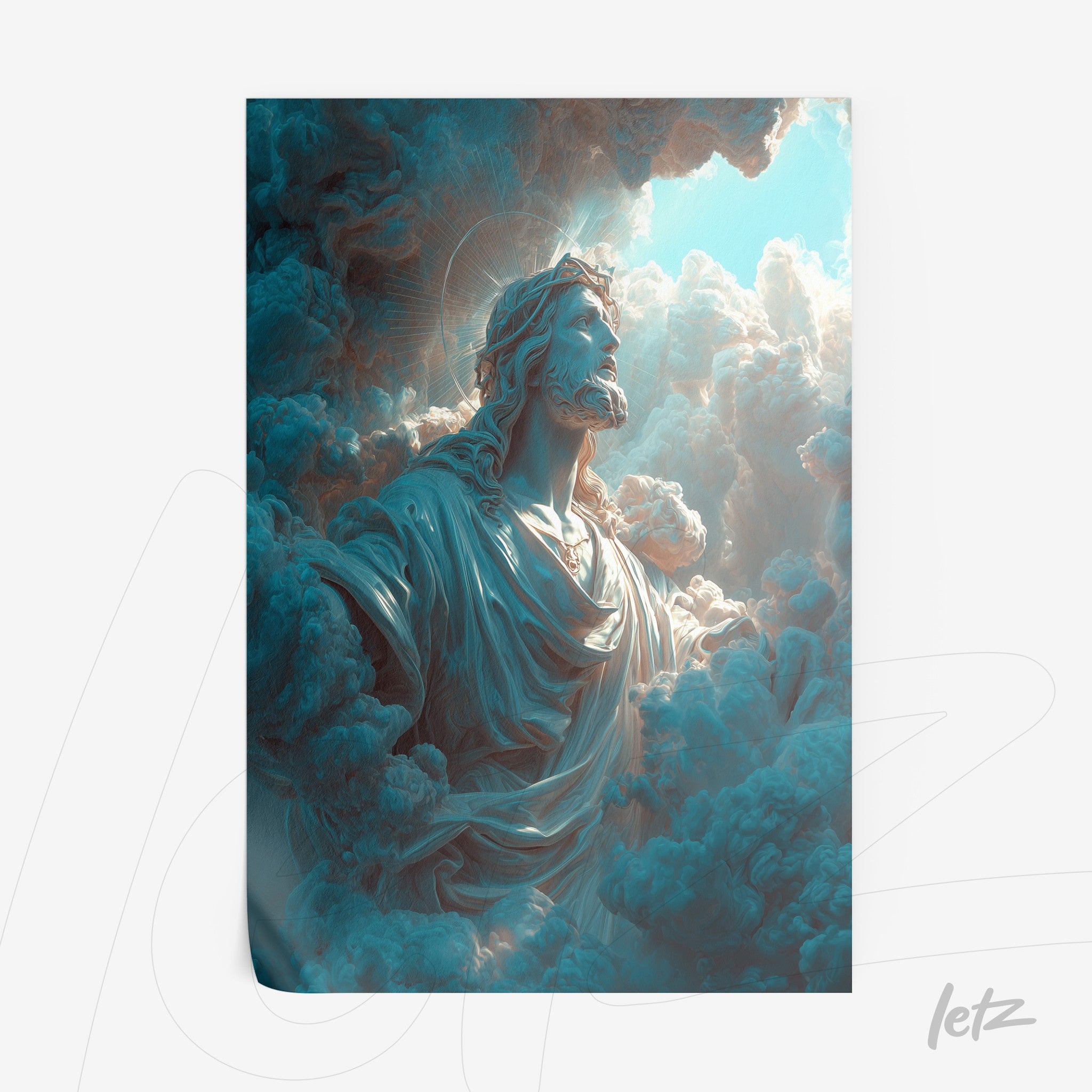 canvas print featuring a celestial figure amidst dense clouds in shades of blue