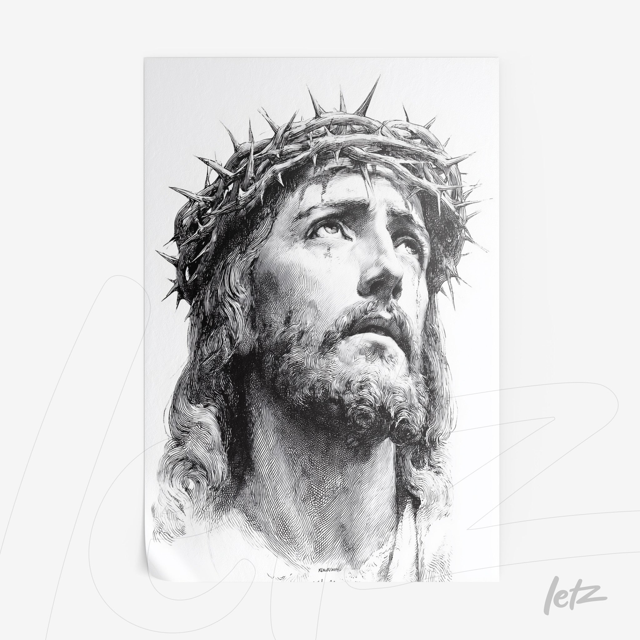black and white artwork depicting the head of Jesus Christ with a crown of thorns