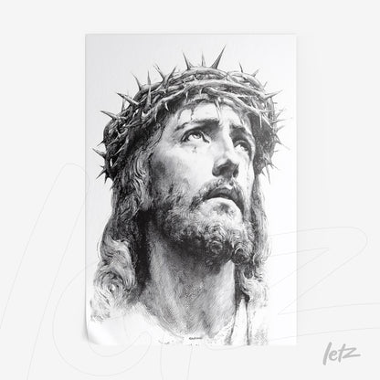 black and white artwork depicting the head of Jesus Christ with a crown of thorns