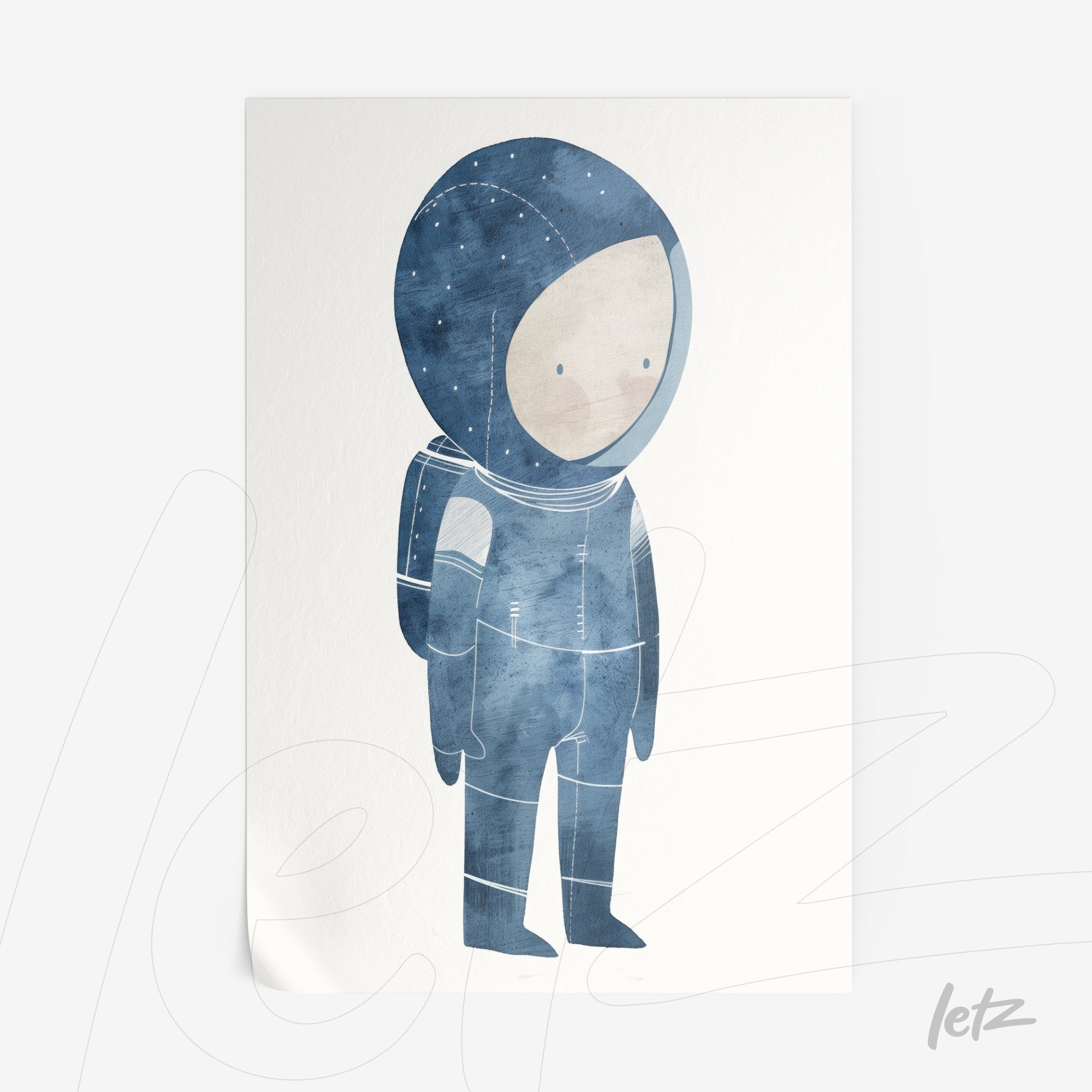 framed artwork featuring a blue-toned astronaut illustration on a light background